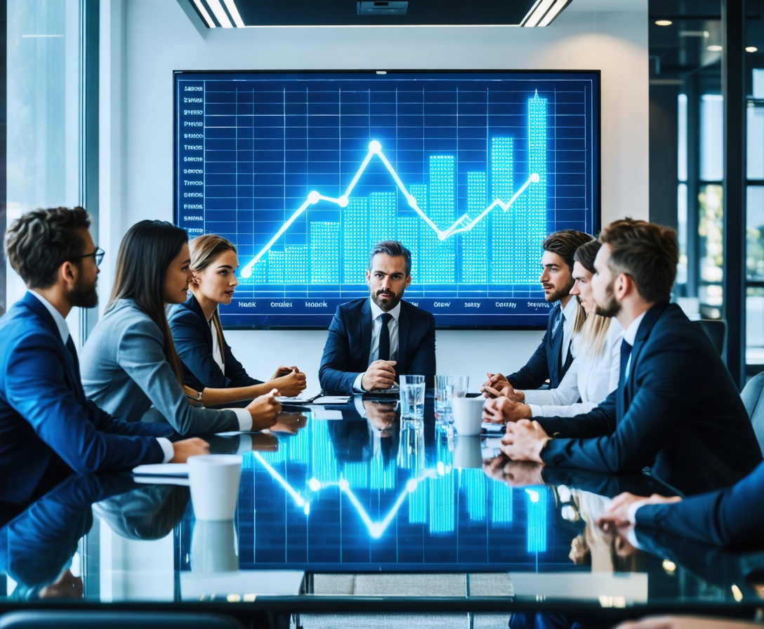 Team analysiert Wachstumsdiagramme in einem Meeting