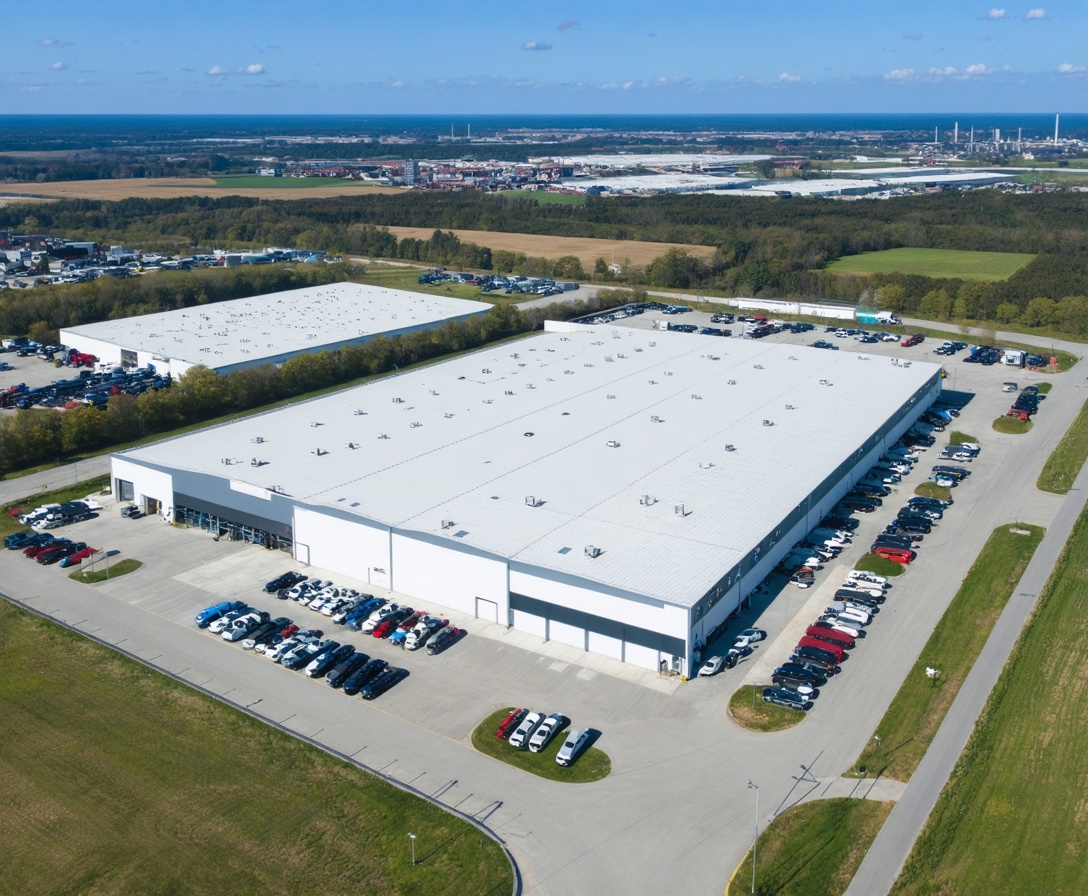Aerial view of a clean, modern manufacturing facility representing industrial scaling