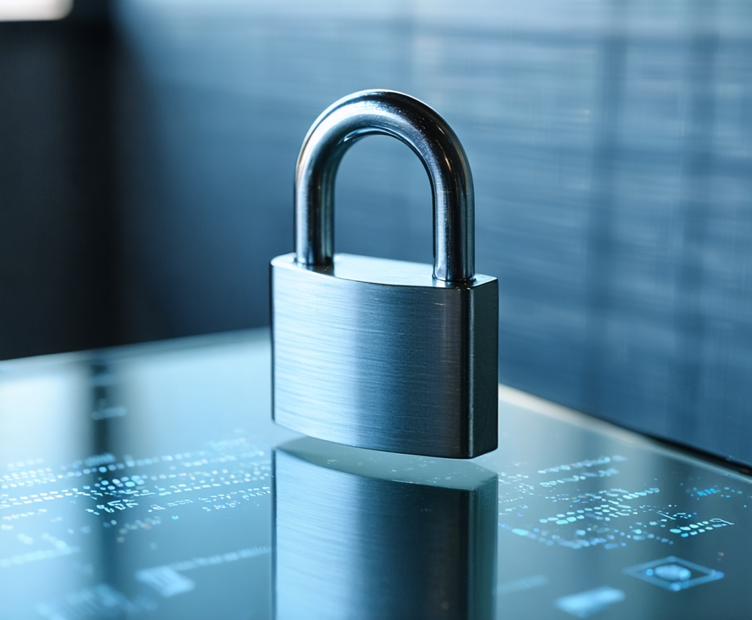 Symbolbild Datenschutz und Sicherheit mit einem metallischen Schloss auf Glas