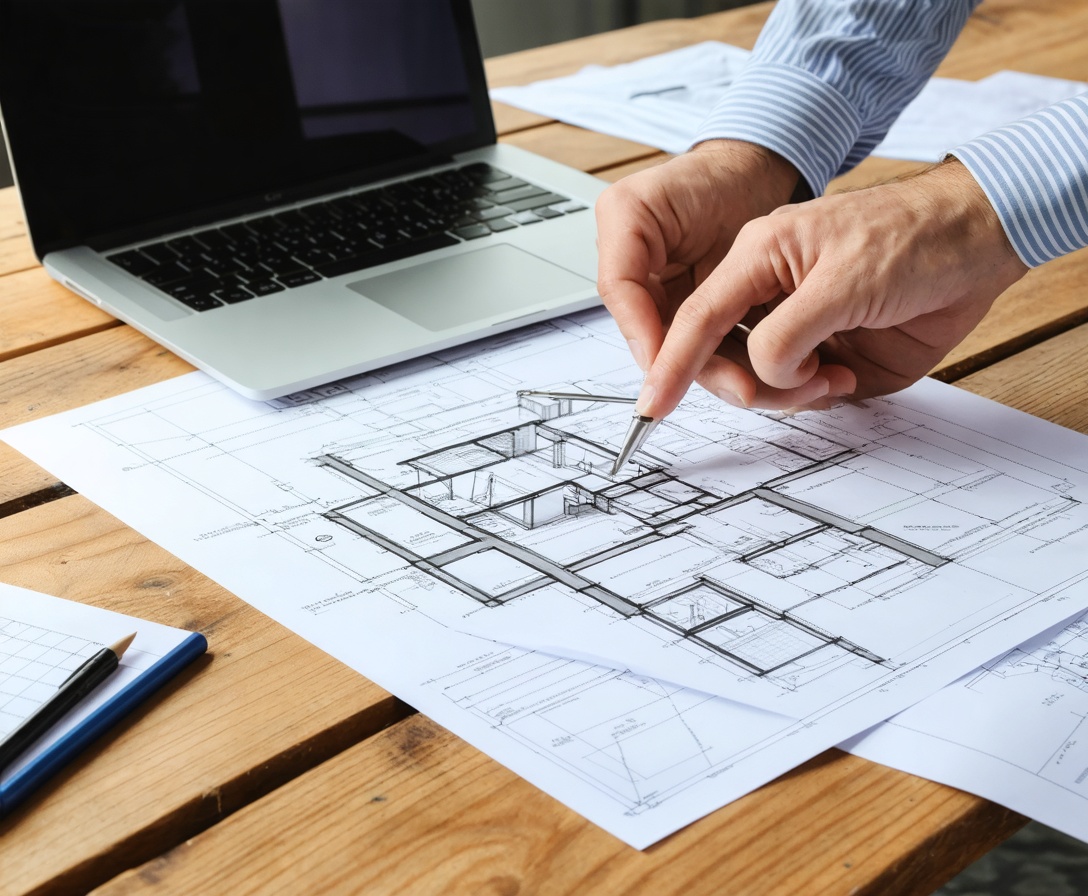 Strategische Planung mit Blaupausen und Laptop auf einem Holztisch