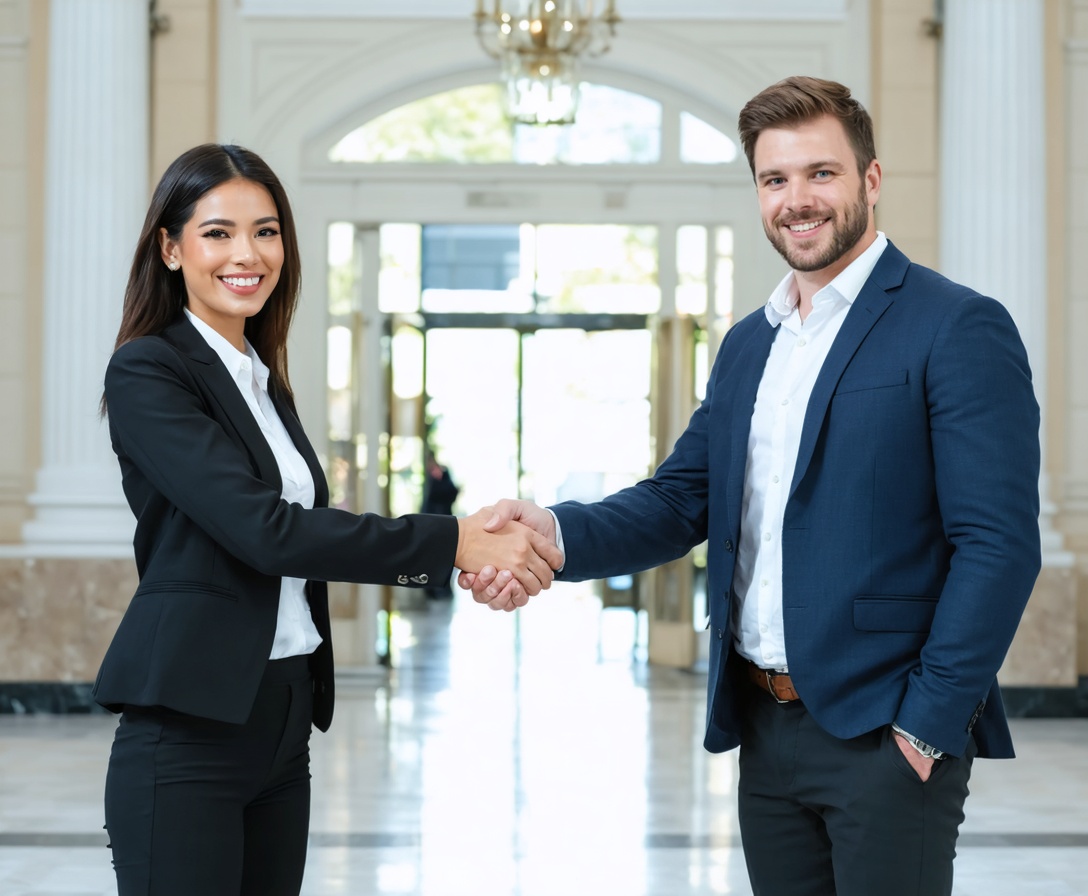 Two business professionals shaking hands firmly in a bright lobby representing success